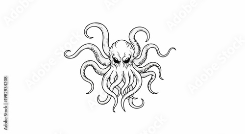 A menacing, black and white, hand-drawn kraken with glowing eyes and swirling tentacles