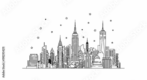 Sketch of a modern city skyline with stars in the background