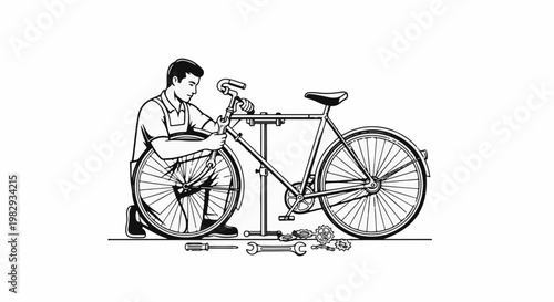 A mechanic repairs a bicycle with tools and spare parts on a stand