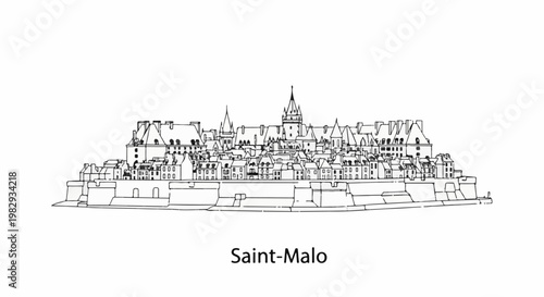 Sketch of a walled city with prominent towers and buildings