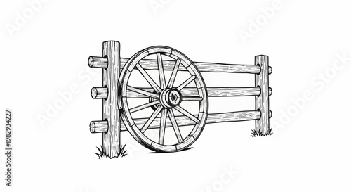 Rustic wooden fence with a spoked wagon wheel attached