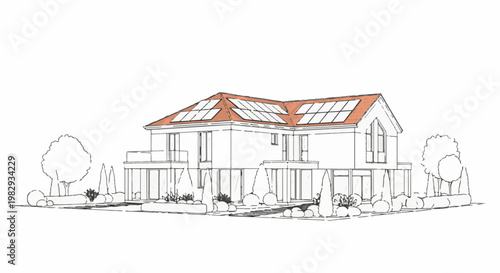 A sketch of a modern two-story house with solar panels on its red roof