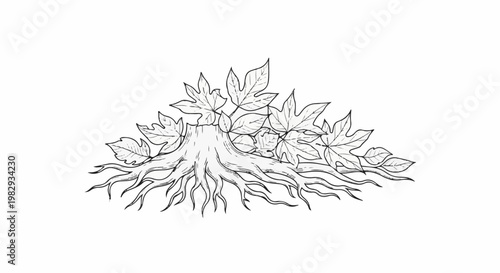 A sketch of a tree stump surrounded by exposed roots and fallen leaves