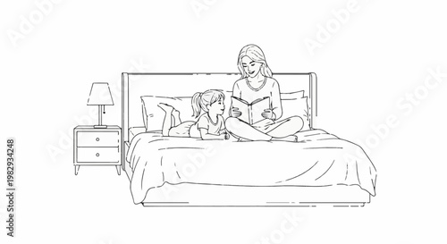 Woman reading a book to a child in bed next to a nightstand and lamp