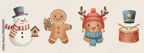 Christmas gingerbread man and cute reindeer, festive holiday season and winter graphics, hand drawn sweet treats and animal vector, minimalist December celebration and joy design, cozy Christmas kitch
