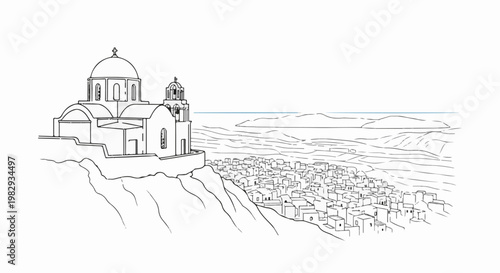 Sketch of white buildings with domed church overlooking a seaside town and hills