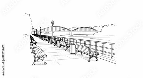 Sketch of a scenic waterfront promenade with benches and a bridge