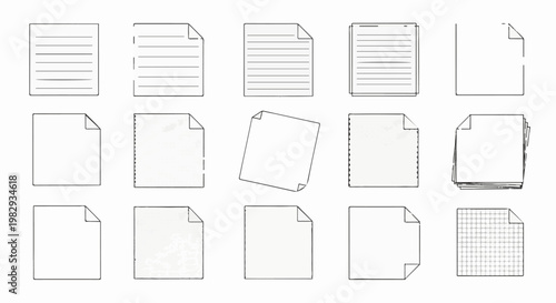 A collage of different paper page representations, some blank