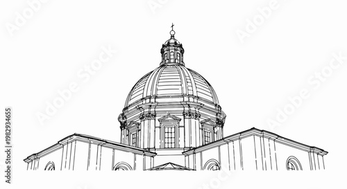 Striking sketch of a grand dome structure with intricate architectural details