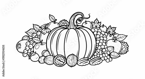 A bountiful harvest arrangement featuring a central pumpkin surrounded by fruits and nuts