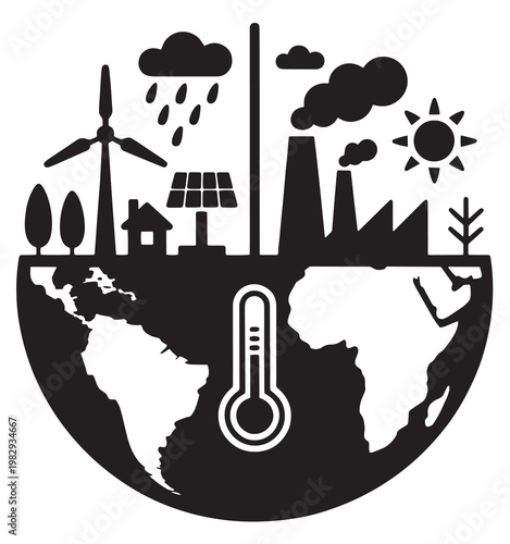 Climate change and global warming concept with a thermometer and industrial pollution.