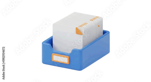 Vector illustration of 3d illustration of a blue office document tray with a stack of white papers on a transparent background