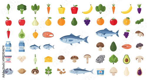Vibrant Assortment of Fresh Fruits, Vegetables, Fish, Dairy, and Mushrooms