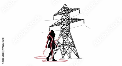 Silhouetted figure with glowing outline walks near a large electrical transmission tower