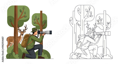 Wildlife Photographer Captures Deer in Forest with Camera, Nature Observation