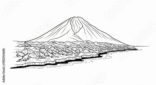 Stylized illustration of a coastal mountain range with a rocky shoreline and ocean