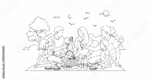 A family enjoys a sunny picnic outdoors with food and drinks