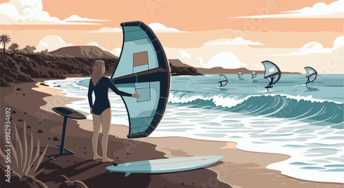 Woman with wing board on beach, windsurfers in ocean at sunset