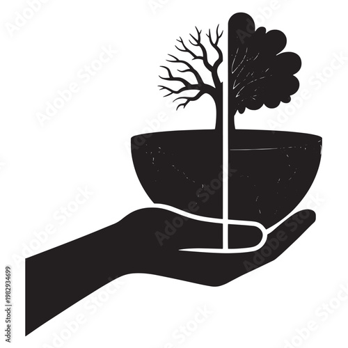 Hand holding a half-dead tree and a half-alive tree in a bowl, symbolizing environmental care.
