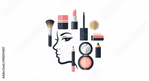 Woman's face with cosmetic products makeup brush, lipstick, eyeliner, powders, pencils