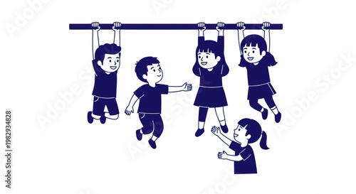 Diverse children playing and swinging on horizontal bar, outdoor activity