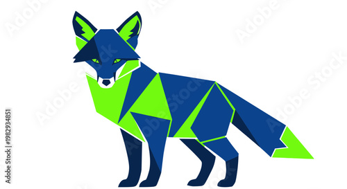 Geometric Fox Illustration, Low Poly Style, Blue and Green Abstract Animal Art