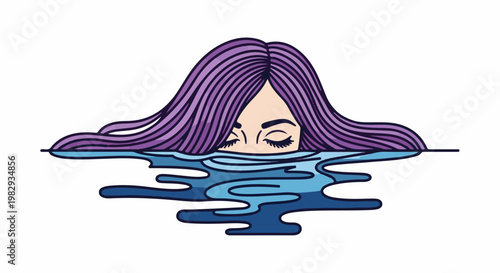 Woman's face with purple hair submerged in water