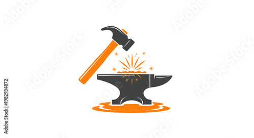 Hammer striking anvil with sparks, representing blacksmithing, metalwork, and industry.