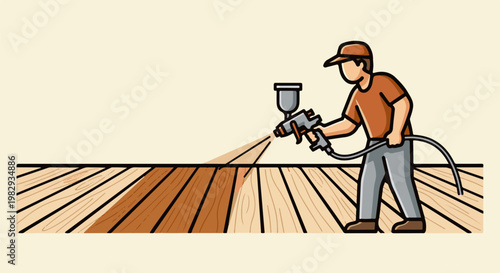 Wood floor being refinished with a spray gun