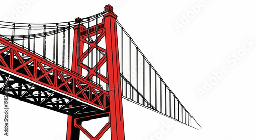 Stylized red suspension bridge structure against a white background