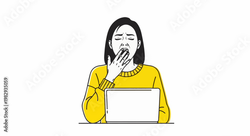 Woman yawning over a laptop, wearing a yellow sweater