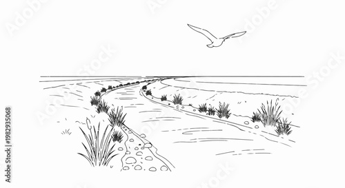 A bird flies over a winding ditch bordered by reeds and pebbles