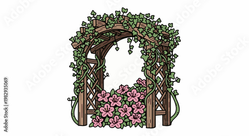 Wooden garden archway draped with ivy and blooming pink flowers