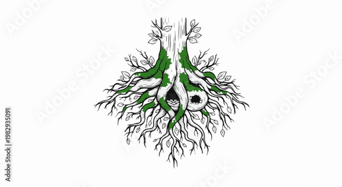 Stylized tree trunk and roots with green accents and a hollow