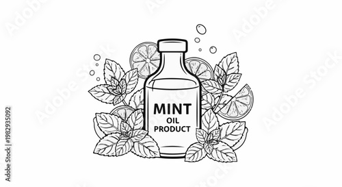 Stylized illustration of a glass bottle with mint leaves and citrus slices