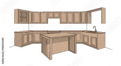 Wooden kitchen cabinet layout with central island and sink