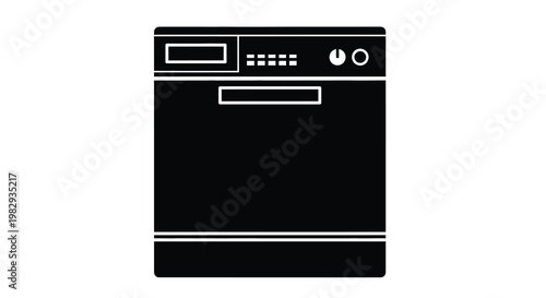 A minimalist black silhouette of a modern kitchen dishwasher appliance