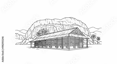 Tropical wooden structure nestled against a vast, rugged mountain landscape