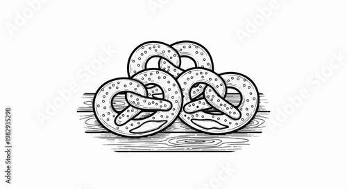 Stylized illustration of a pile of textured pretzels on a wooden surface