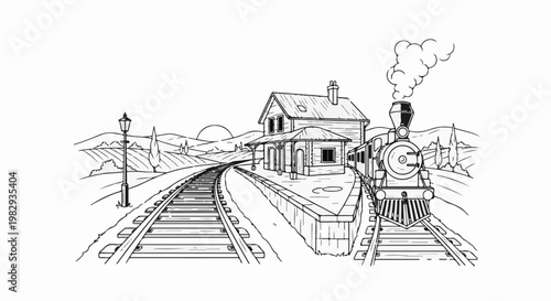 Vintage steam train arriving at a rural station amidst rolling hills and fields