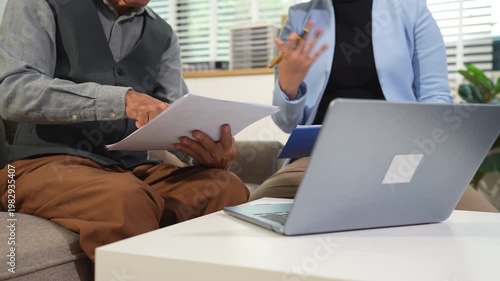 Business meeting account managers crew working search page on computer with new startup project. Idea presentation, analyze plans.