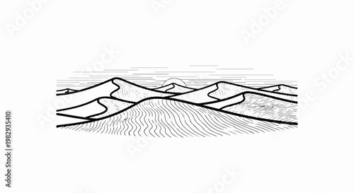 Stylized linework depicts rolling desert dunes under a striped horizon with a setting sun