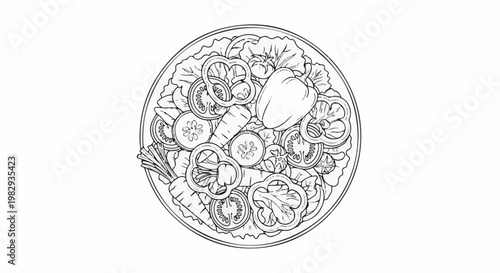 A close-up, stylized line drawing of a fresh salad with pepper, tomato, and cucumber slices