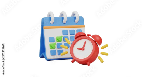 Vector illustration of 3d render of a calendar and alarm clock on a transparent background