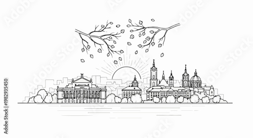 Stylized sketch of a city skyline at sunrise with falling leaves