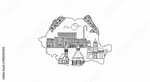 Stylized map with cityscapes and traditional rural architecture