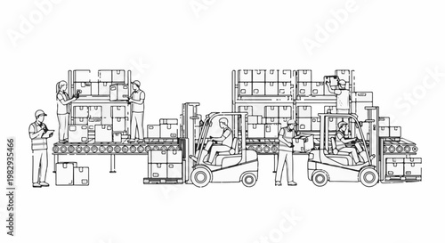 Warehouse workers and forklifts organizing stacked boxes on conveyor belts