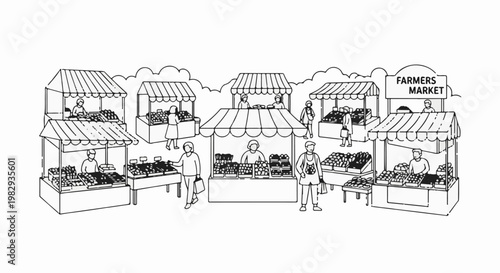 A black and white illustration depicts a bustling outdoor market with vendors and customers