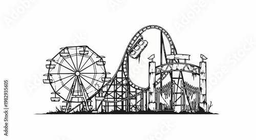 A black and white illustration of an abandoned amusement park