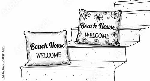 Two pillows with "Beach House WELCOME" text are placed on a decorative outdoor stair case